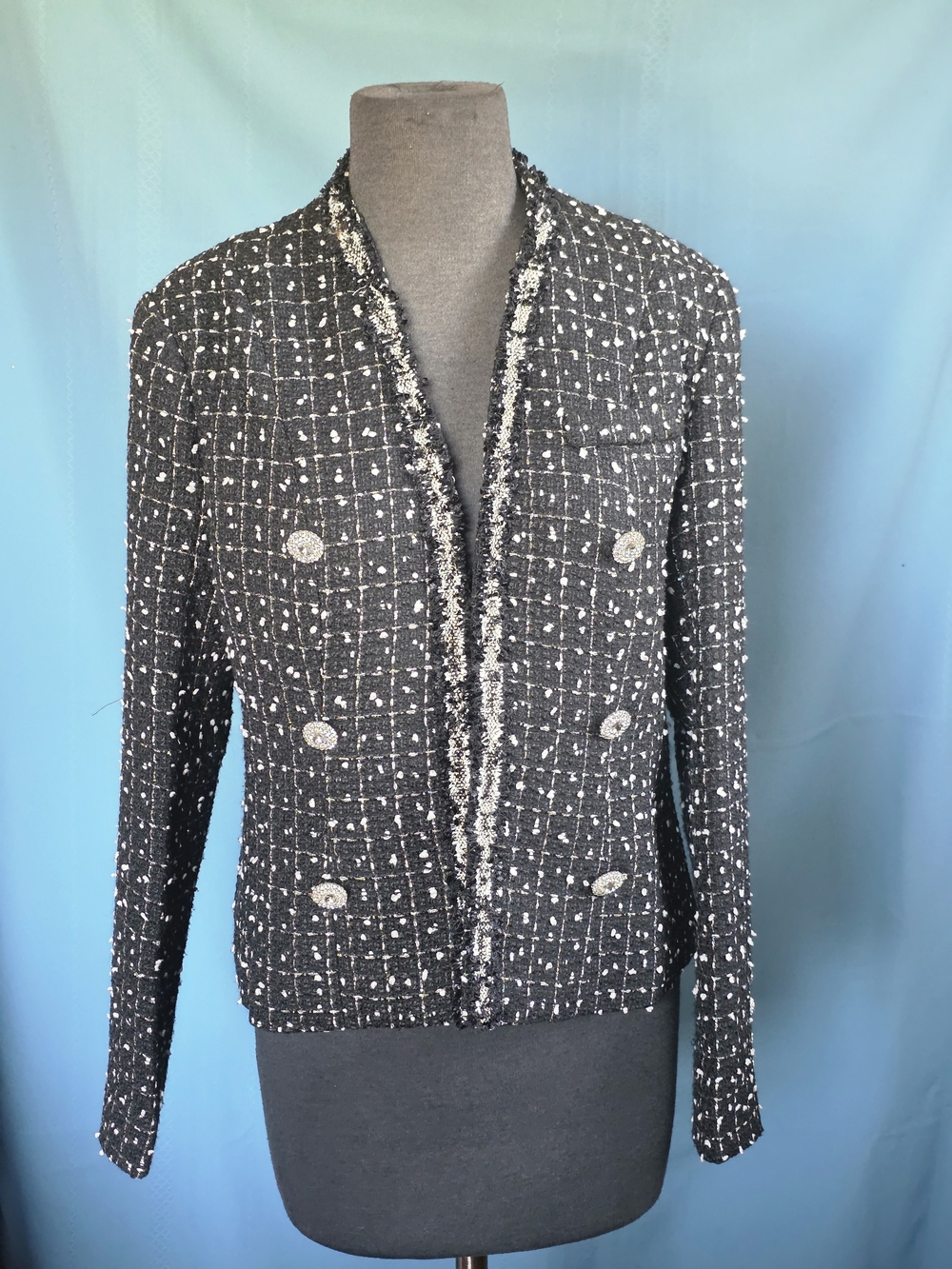 ADORE Black & White Metallic Tweed Knit Jacket Size M Open Front